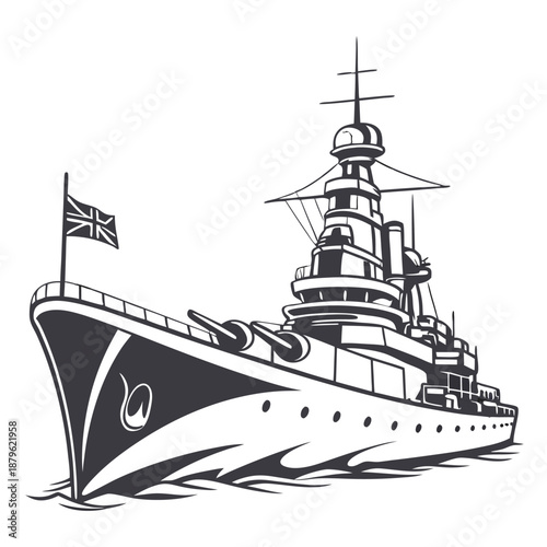 Naval Warship Illustration Sailing on Waves in Black and White