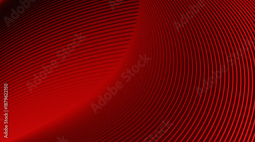 A digital abstract image featuring a pattern of curved, repeating red lines against a black background. This design creates a dynamic, three-dimensional visual effect, resembling the texture of highly