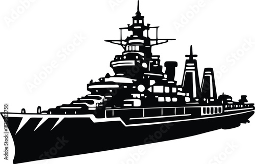 Detailed Battleship Silhouette Illustration in Black and White