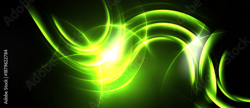 Bright green energy flows, curves radiate from central point. Dark background emphasizes luminous lines, creating dynamic visual effect.