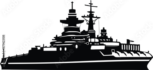 Detailed Battleship Silhouette Illustration in Black and White