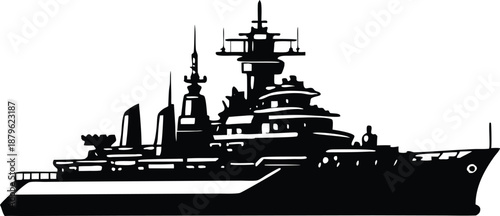 Detailed Battleship Silhouette Illustration in Black and White