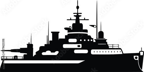 Detailed Battleship Silhouette Illustration in Black and White