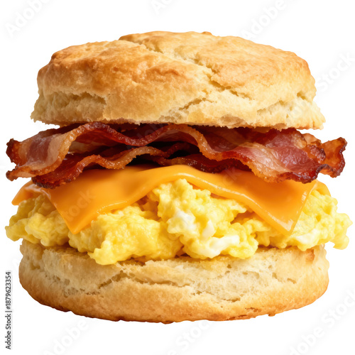Breakfast sandwich biscuit bacon egg cheese morning meal comfort food delicious savory snack biscuit breakfast sandwich with