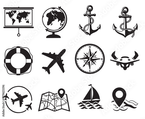 Globe anchor airplane map compass sailboat lifebuoy