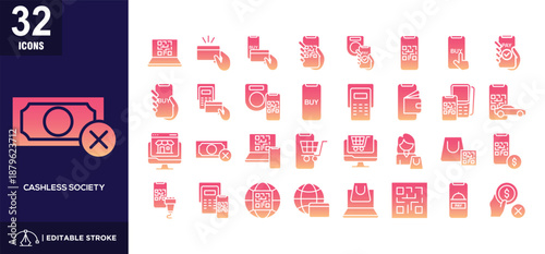  Cashless Society Glyph Gradient Icon Set