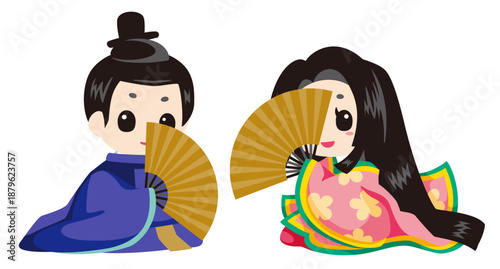 平安時代モチーフの男女ペアイラスト 扇子あり｜和風装飾素材