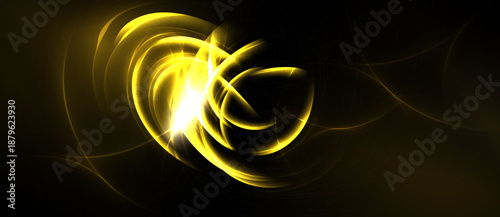 Golden swirls radiate from bright center. Abstract design evokes energy, motion, light against dark background. Elegant, dynamic composition.