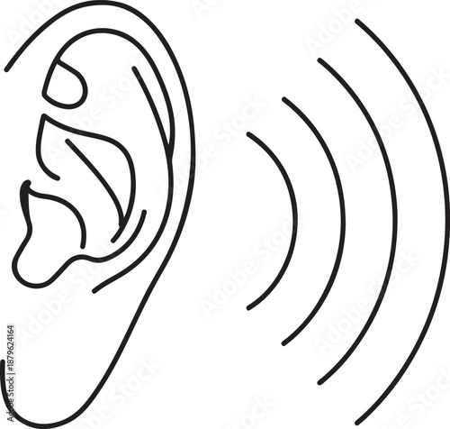 Simple outline drawing of a human ear with sound waves emanating outwards on a white background Keywords: ear, hearing, sound, waves, listening, audio, reception, perception, sense, human, anatomy