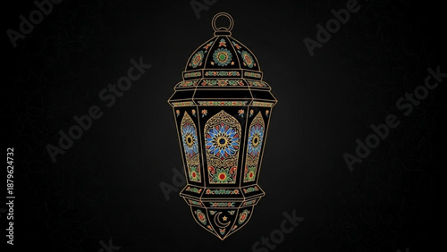 Vibrant stained glass lantern with mosaic patterns hanging against dark background