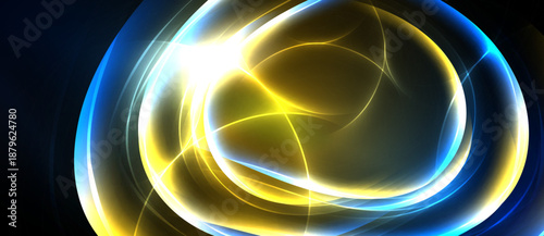 Bright abstract swirls, luminous yellow center, blue outer glow. Energy radiates from focal point, creating dynamic visual effect.