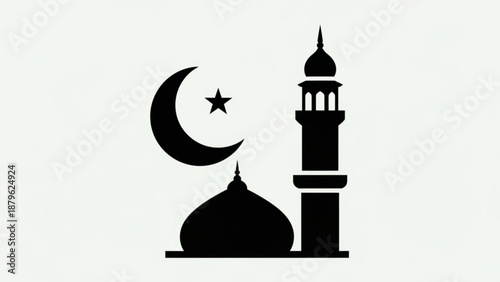 Islamic crescent moon and star symbol with mosque silhouette ramadan and eid al fitr religious icon