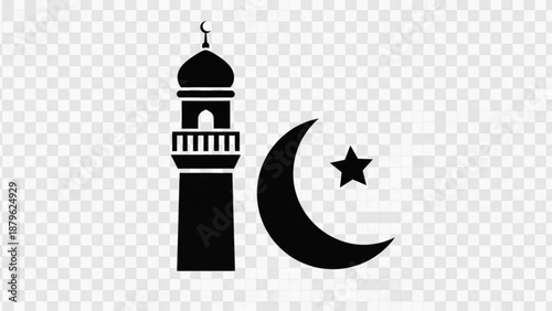 Islamic symbol illustration featuring mosque minaret and crescent moon with star on transparent background representing faith and spirituality