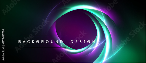 Abstract design features vibrant circular layers. Green, purple, neon hues blend into dark background. Modern aesthetic, dynamic composition.