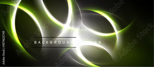 Abstract design features glowing lines, curves, circles. Dark background enhances bright, dynamic visual effect. Modern, elegant presentation.