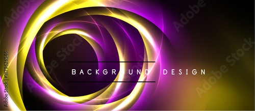 Abstract design features swirling golden, purple light. Dark background emphasizes luminous concentric circles, creating dynamic visual effect.