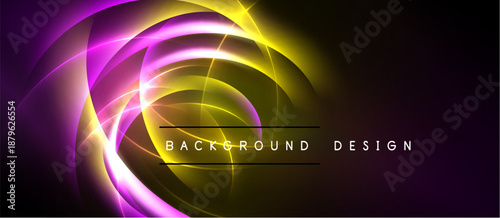 Abstract swirling lights create dynamic energy. Purple, yellow hues blend into dark background. Modern design element.
