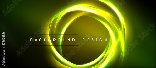 Abstract neon circles over dark green background. Bright yellow light creates dynamic swirling effect. Text reads background design.