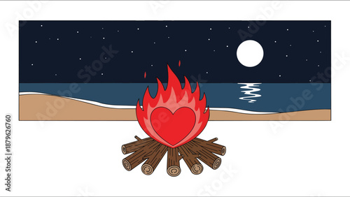 Heart Shaped Campfire Burning at Night.