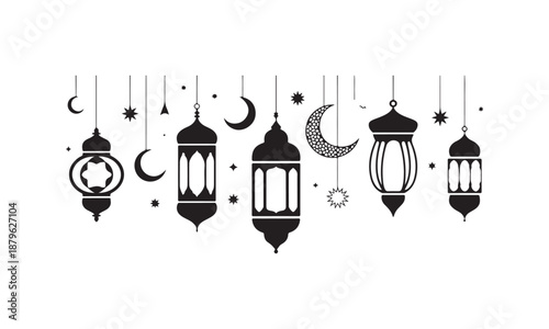 A collection of hanging black Islamic lanterns, crescent moons, and stars against a clean white background