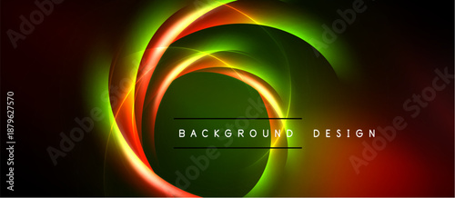 Abstract neon circles overlap, creating vibrant glow. Dark background emphasizes bright colors, modern design element.
