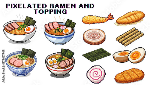 A delightful collection of pixel art ramen bowls and various traditional Japanese food toppings, ideal for retro game designs or charming digital culinary projects