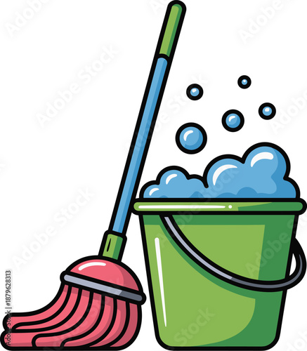 Cleaning tools with soapy bucket on white background