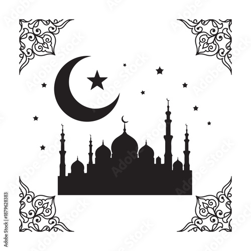 Majestic mosque silhouette stands proudly under a crescent moon and many stars with decorative corner patterns