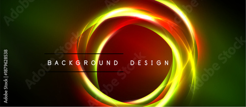 Abstract neon circles over dark background. Vibrant colors blend, creating dynamic visual effect. Text reads background design.