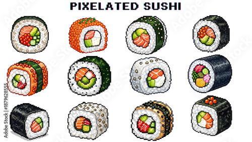 A vibrant collection of pixelated sushi rolls showcasing various flavors and styles, perfect for digital art, gaming assets, or retro-themed designs for food projects