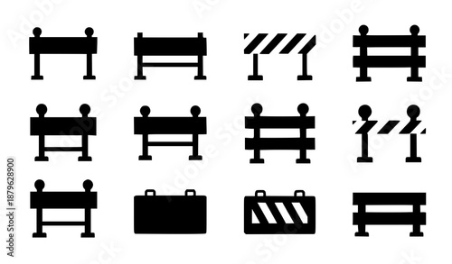 Road barrier flat icon set with construction and danger roadblock symbols
