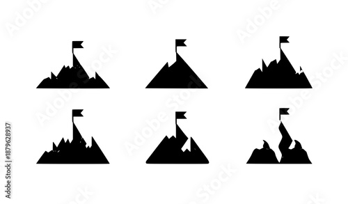 Flat mountain flag icon set with hills and peaks for success and adventure concepts