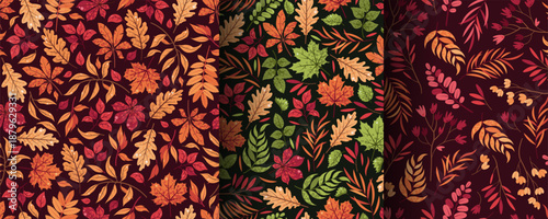 Set of Seamless Patterns with Various Autumn Leaves. Background wth Oak, Maple, Rowan and More in Flat Style. Classic Fall Foliage Texture for Wallpaper, Textile, Packaging, Seasonal Decor