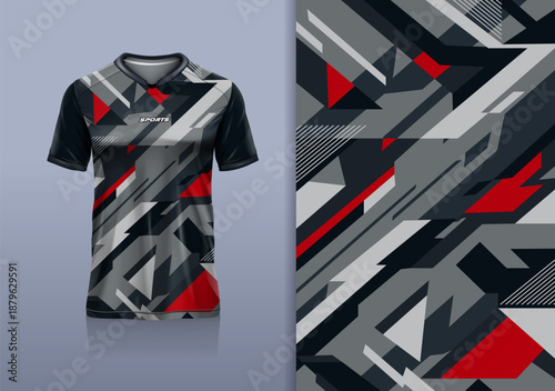 T-shirt mockup with abstract stripe line sport jersey design for football, soccer, racing, esports, running, in black red gray color