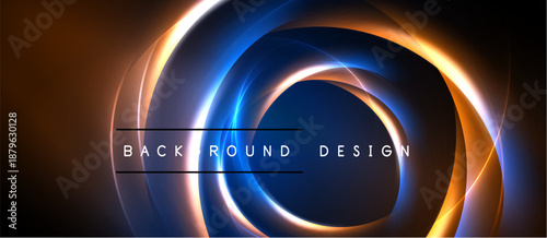 Abstract design features glowing concentric circles. Orange, blue hues create dynamic visual effect. Text reads background design.