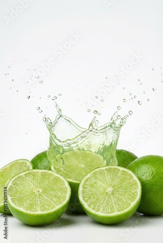 Fresh green limes with a refreshing splash of water on a white background.