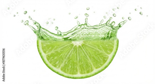 Fresh lime slice with a refreshing splash of water on a clean white background.