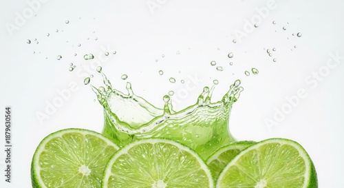 Fresh Lime Slices with Splashing Water on a White Background.