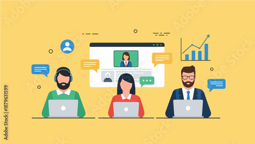 Online Customer Support Team and Business Communication Illustration. Digital Collaboration, Video Conference, and Remote Work Concept Vector.
