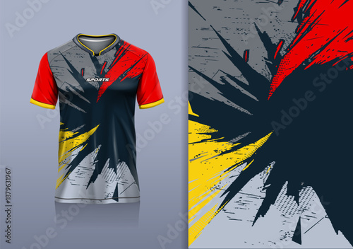 T-shirt mockup abstract texture grunge sport jersey design for football, soccer, racing, esports, running, red yellow blue gray color