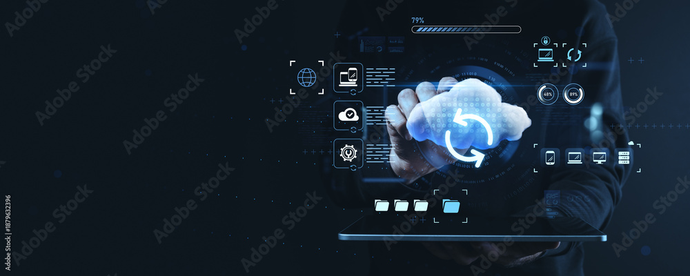 Naklejka premium Cloud storage concept with digital icons and futuristic interface on dark background showing global file synchronization and service technology.