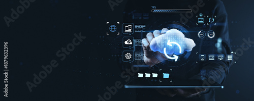 Cloud storage concept with digital icons and futuristic interface on dark background showing global file synchronization and service technology. © ImageFlow
