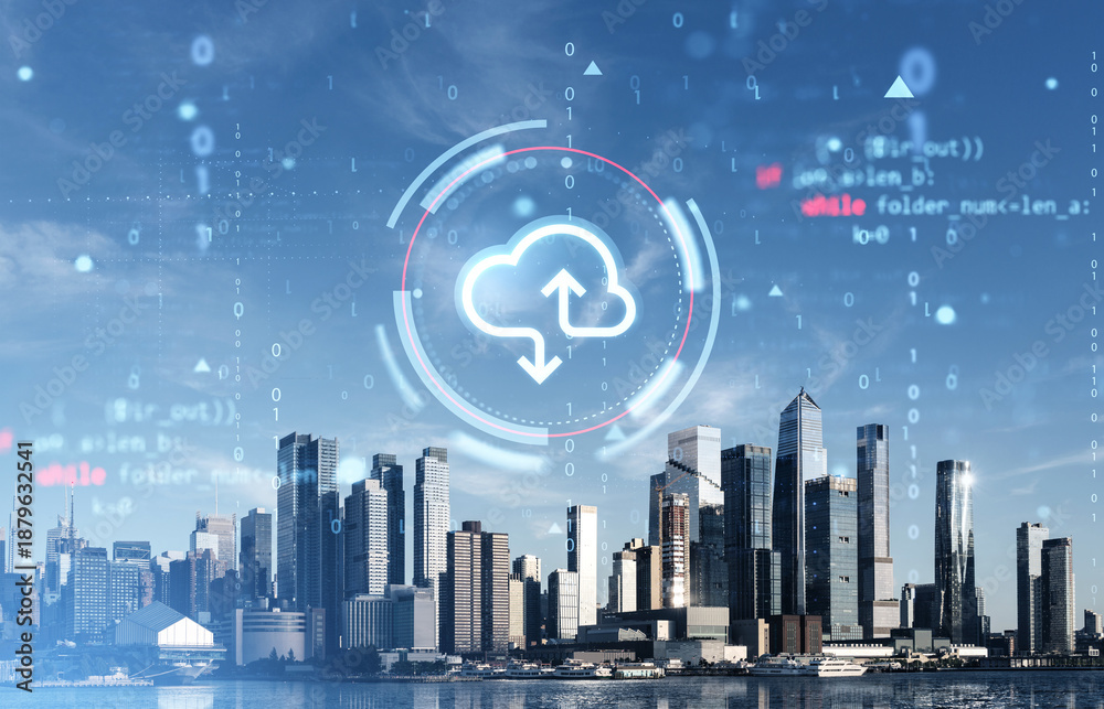 Obraz premium Cloud storage concept with digital data interface over Manhattan skyline in New York City, USA on clear sky background representing global file service.