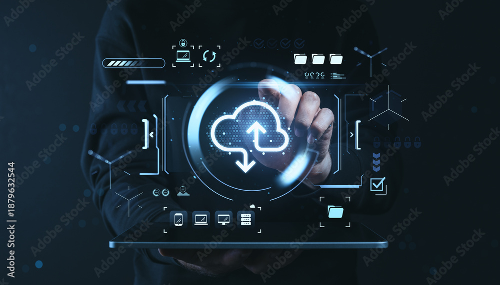 Naklejka premium Cloud storage concept with futuristic digital interface showing file upload and download service on dark background with glowing blue graphics.