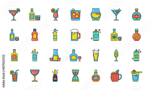 Alcoholic Beverages Vector Icon Set featuring Margarita Beer Tequila Absinthe and Cocktails in Colorful Flat Line Style