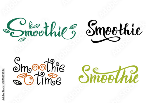Smoothie vector logos badges set. Healthy drinks calligraphy logotype. Handwritten modern lettering for cafe, menu. Hand lettering Smoothie