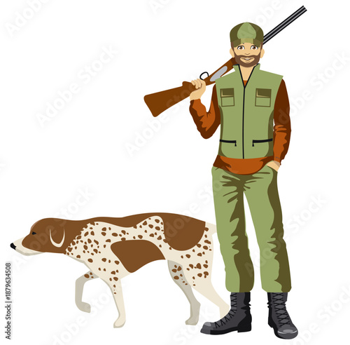 illustration of a hunter and a dog. Hunter silhouette standing with rifle and hunting Dog