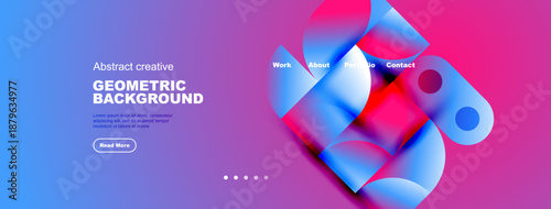 Abstract geometric background features vibrant blue, pink hues. Text elements present, navigation visible. Modern design, clean aesthetic.