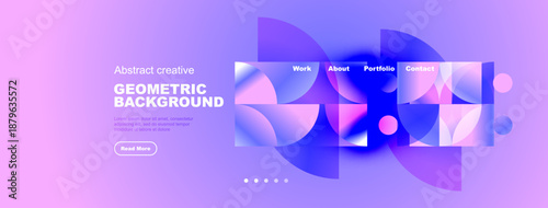 Modern website header design. Abstract shapes, vibrant colors, navigation menu present. Clean layout, professional aesthetic.