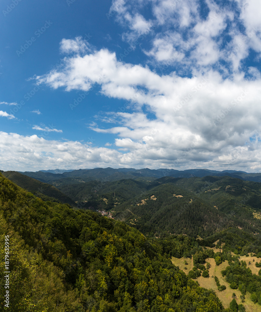 Naklejka premium View to mountain and forest with cloudy sky